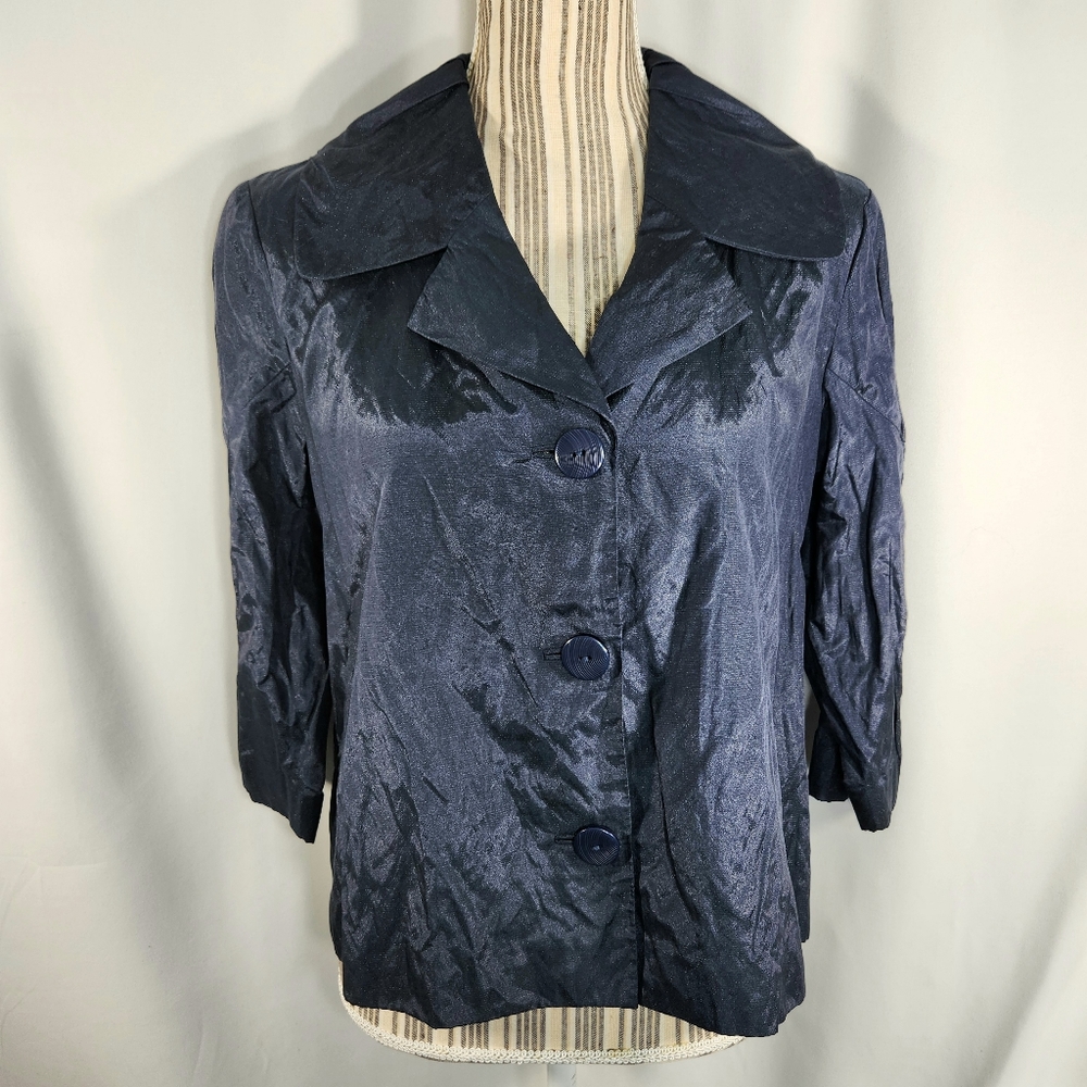 Due Per Due Blue Metallic Sheen 3 Button 3/4 Sleeve Crinkled Jacket Size 10